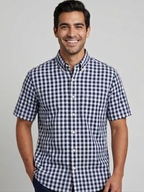 IZOD Navy Blue & White Gingham Short Sleeve Button Down Shirt-Size XXL